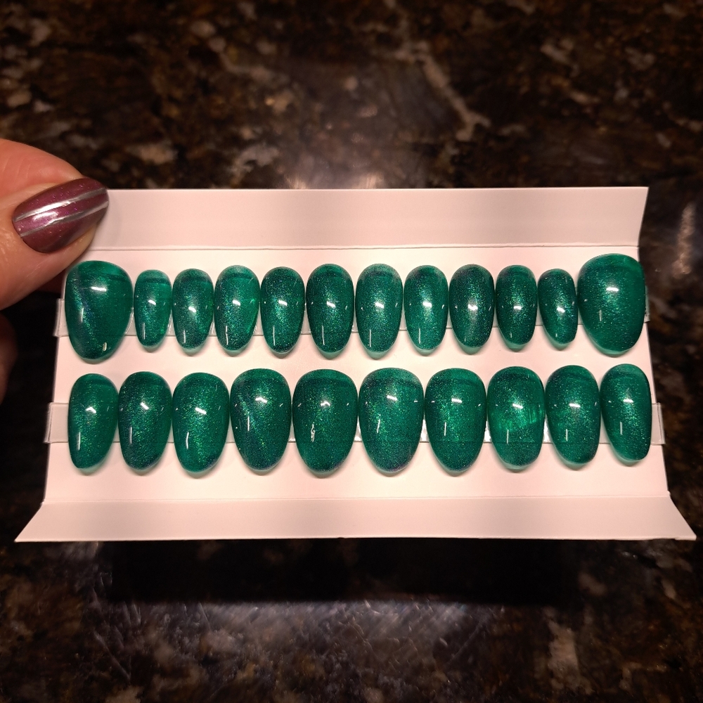 Set of 22 Hand Painted Press- On Nails in Cat Eye Emerald Green XS RTS